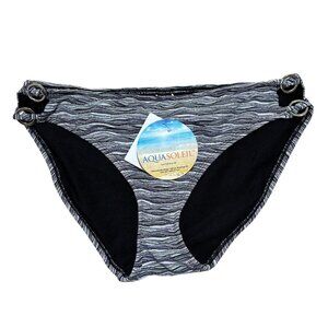 Aqua Soleil Womens Size L Navy Blue‎ White Print Silver Rings Bikini Bottom NWT